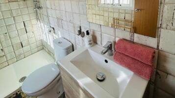 Shower, towels, soap, toilet paper