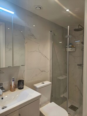 Shower, hair dryer, towels