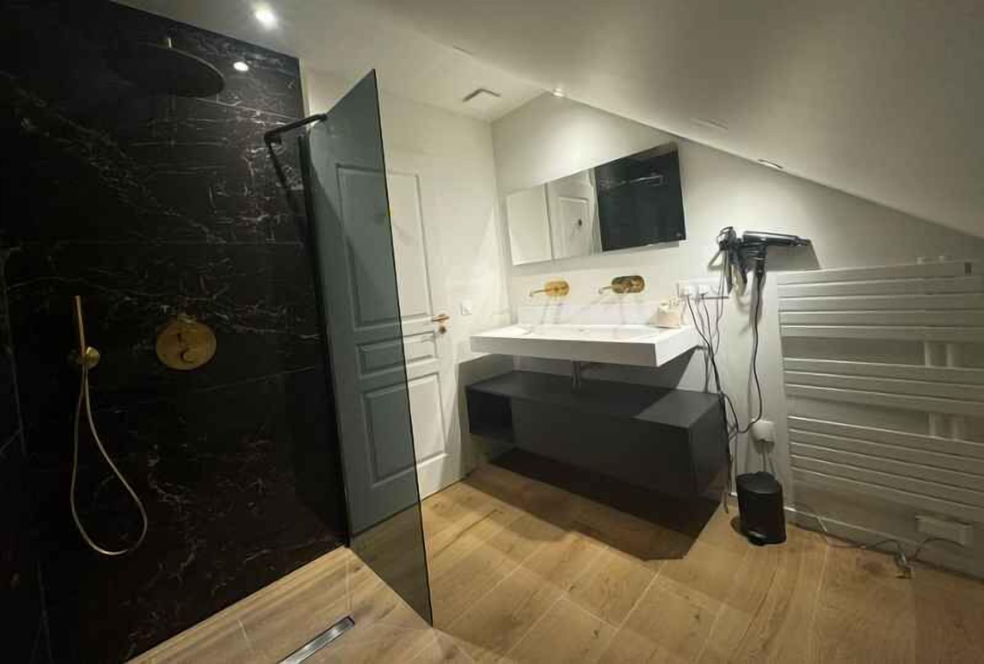 A modern bathroom with a shower, a vanity with a mirror, and a radiator.