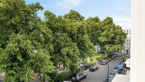 Une rue bordée de voitures garées et d’arbres.