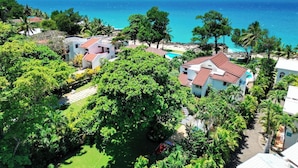 Un quartier résidentiel situé sur la c ôte, avec des maisons, une végétation luxuriante et une vue sur l’océan.