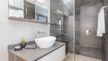 Shower, hair dryer, bidet, towels
