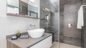 Shower, hair dryer, bidet, towels