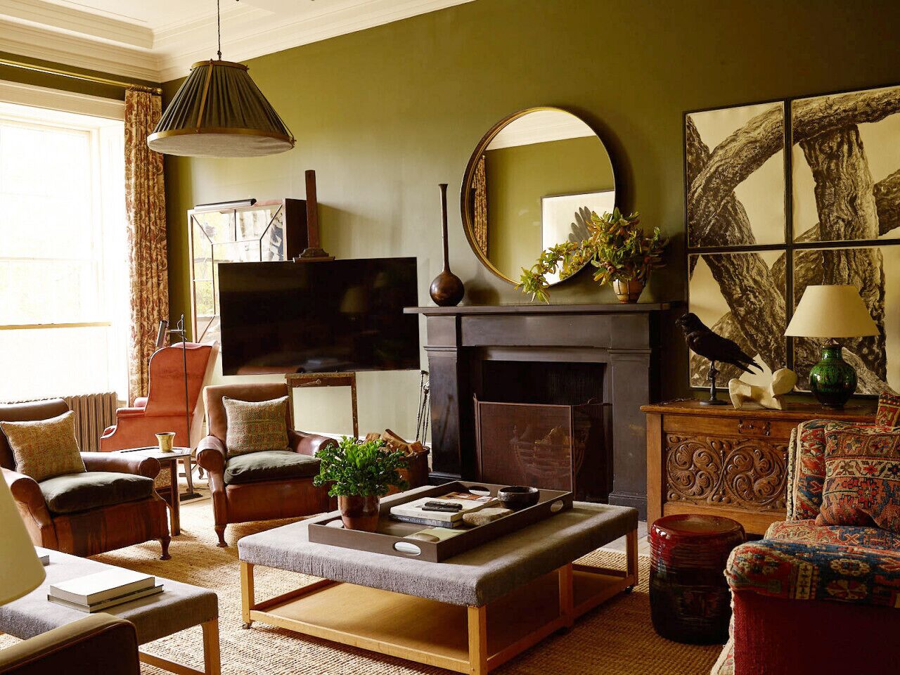 TV, fireplace, books