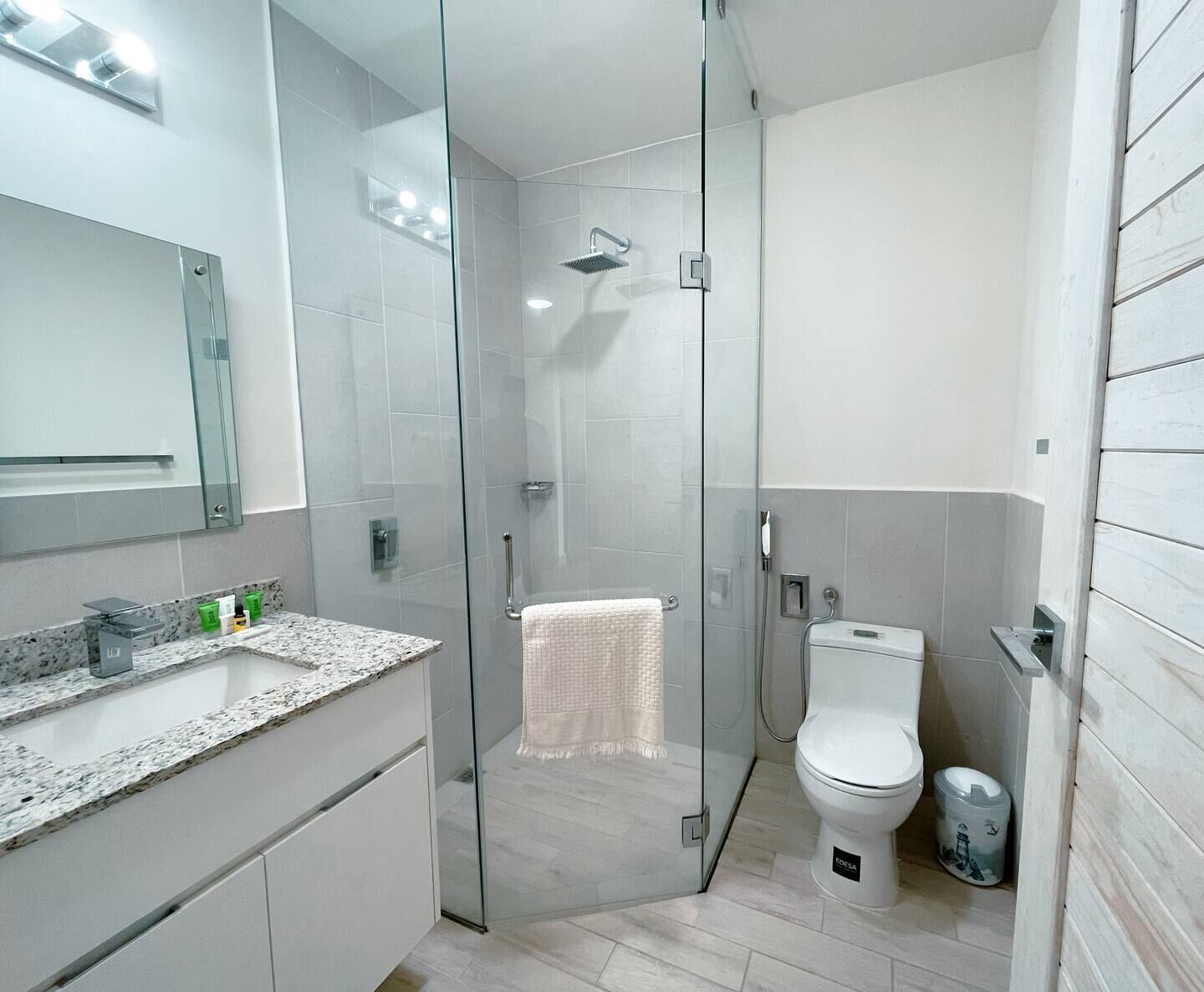 Regadera, secadora de cabello, toallas, jabón 