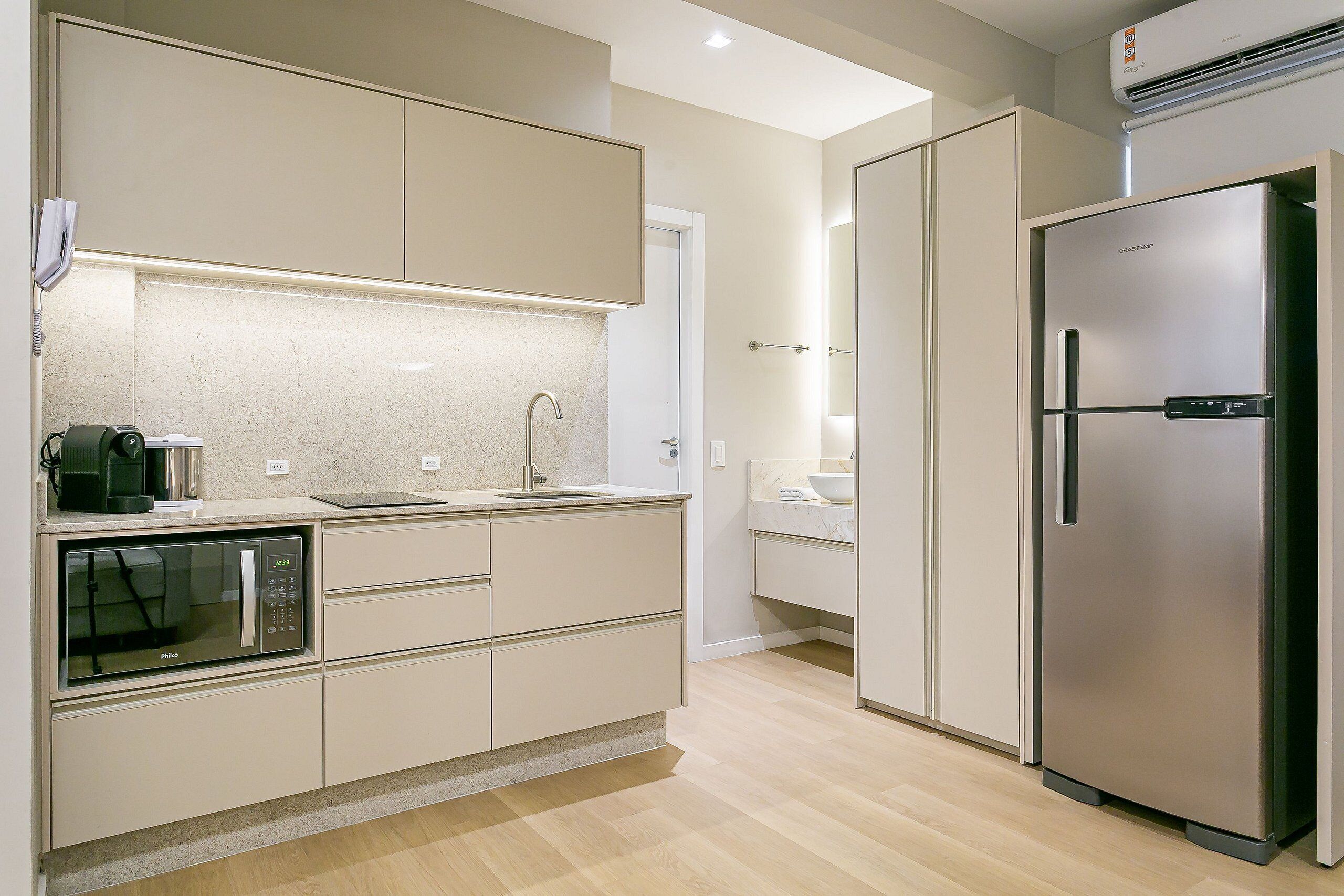 Fridge, microwave, coffee/tea maker, toaster