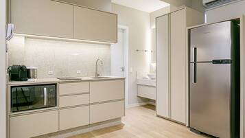 Fridge, microwave, coffee/tea maker, toaster