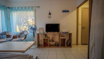 A room with a bed, a desk, a chair, a TV, and a window with curtains.