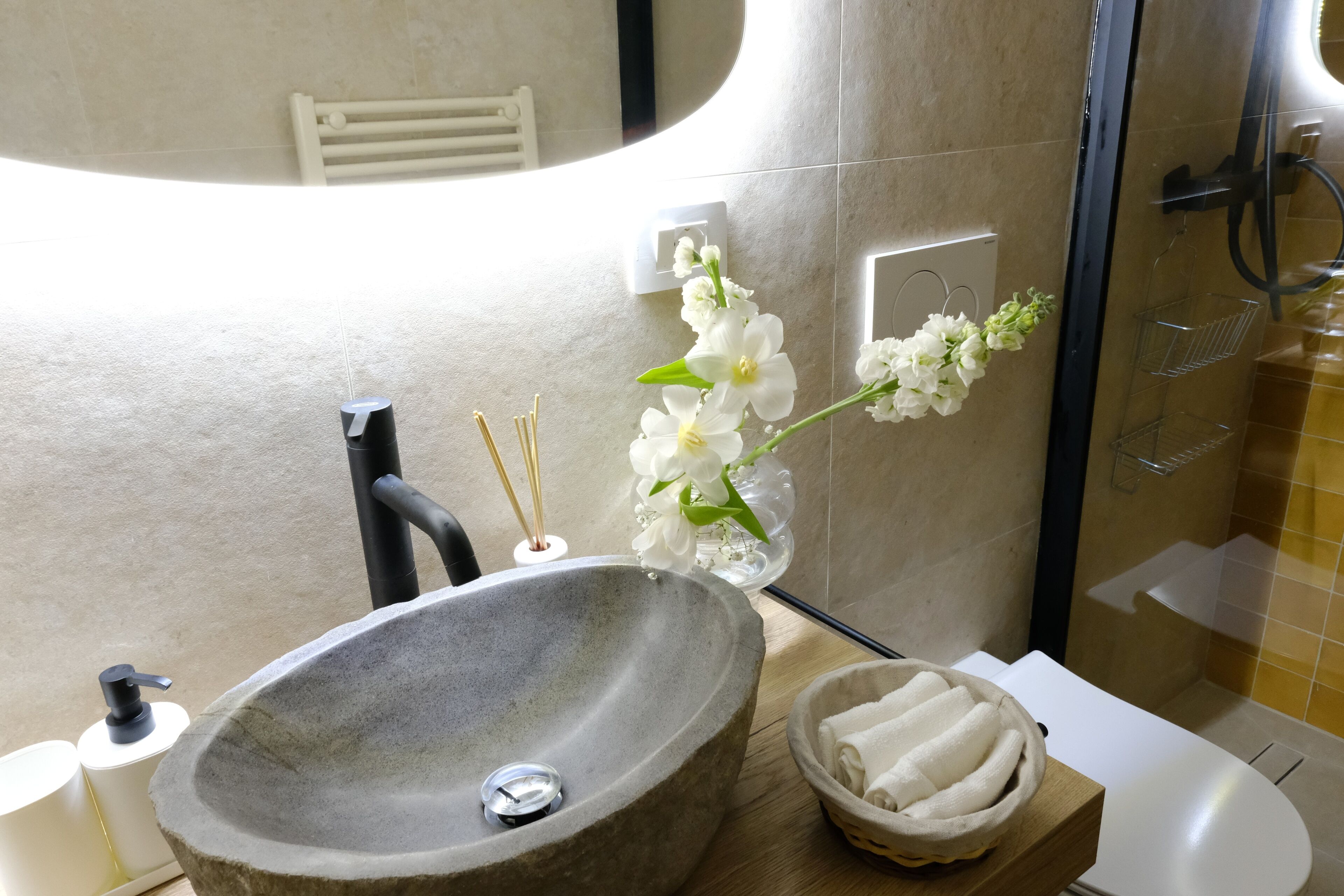 Hair dryer, bidet, towels, soap