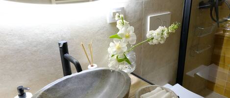 Hair dryer, bidet, towels, soap