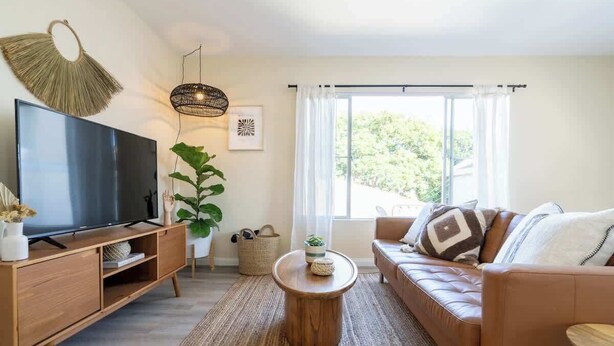 Un soggiorno moderno con televisione, mobili in legno, una pianta grande e vista dalla finestra.