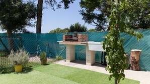 Eine Terrassenfläche mit Tisch, Grill und Kübelpflanzen.