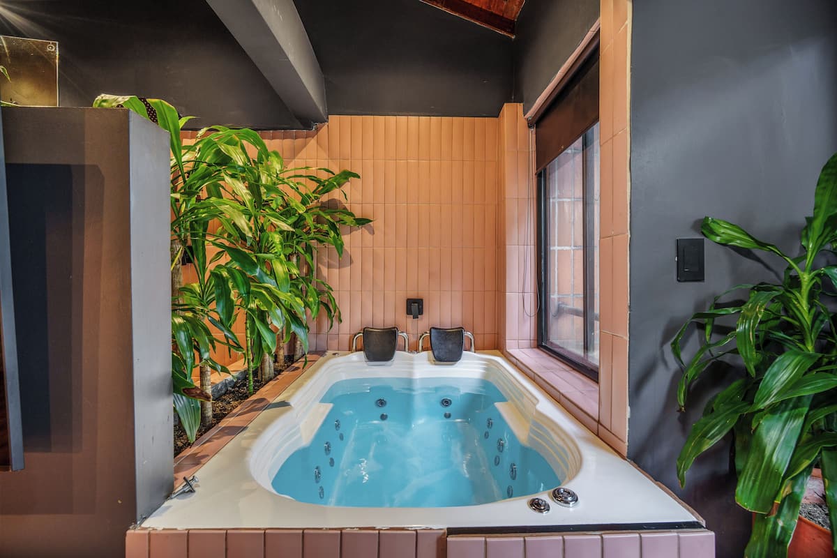 A hot tub in a room with tiled walls, two chairs, and potted plants.