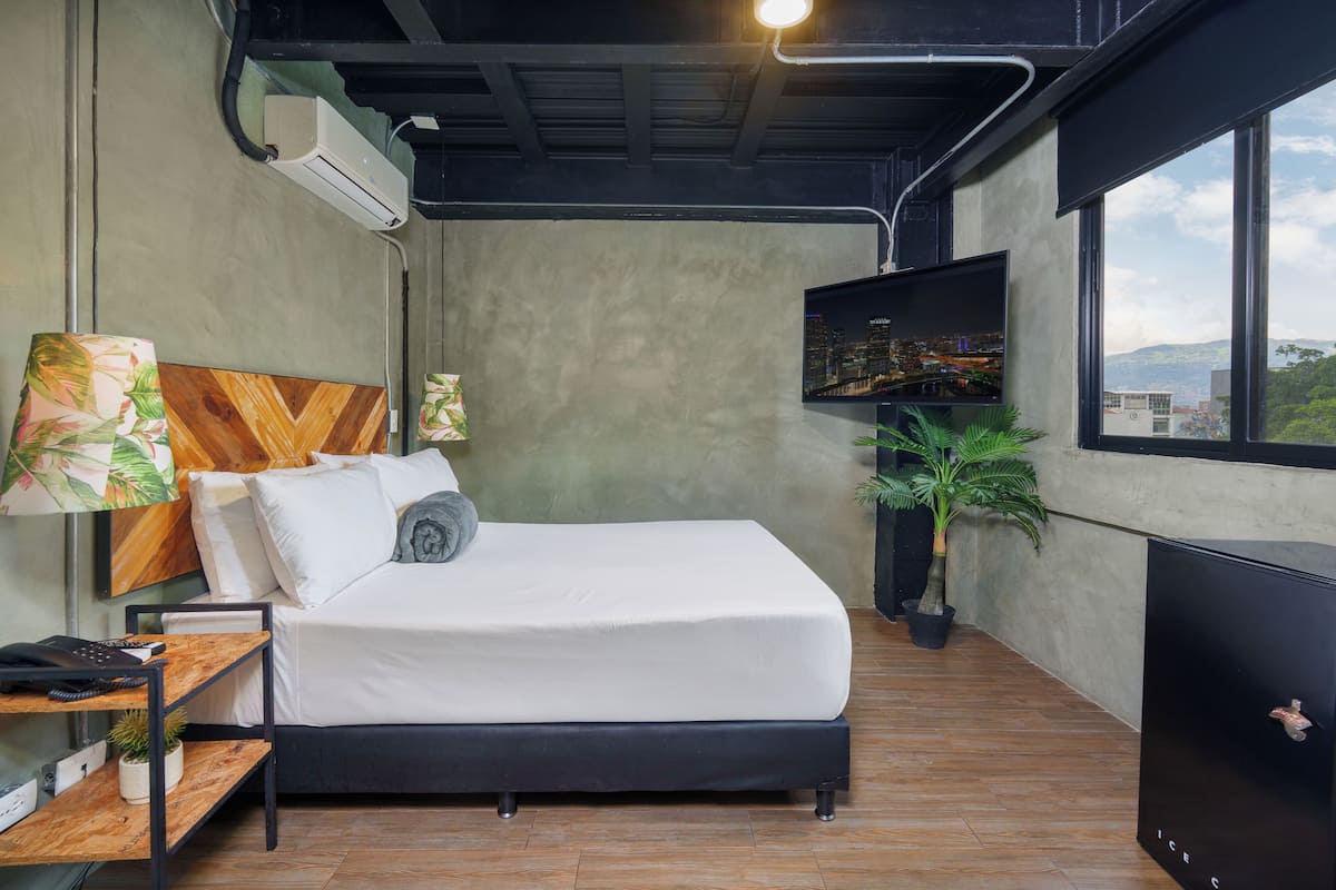 A modern bedroom with a bed, a desk, a chair, a potted plant, and a TV.