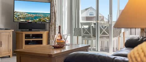 Smart TV, fireplace, books