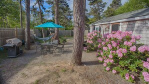 Un jardin avec un hamac, une table et un espace salon abrité. On y trouve également un abri de jardin en bois et un arbuste aux fleurs roses.