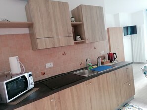 Frigorifero, microonde, piano cottura, lavastoviglie