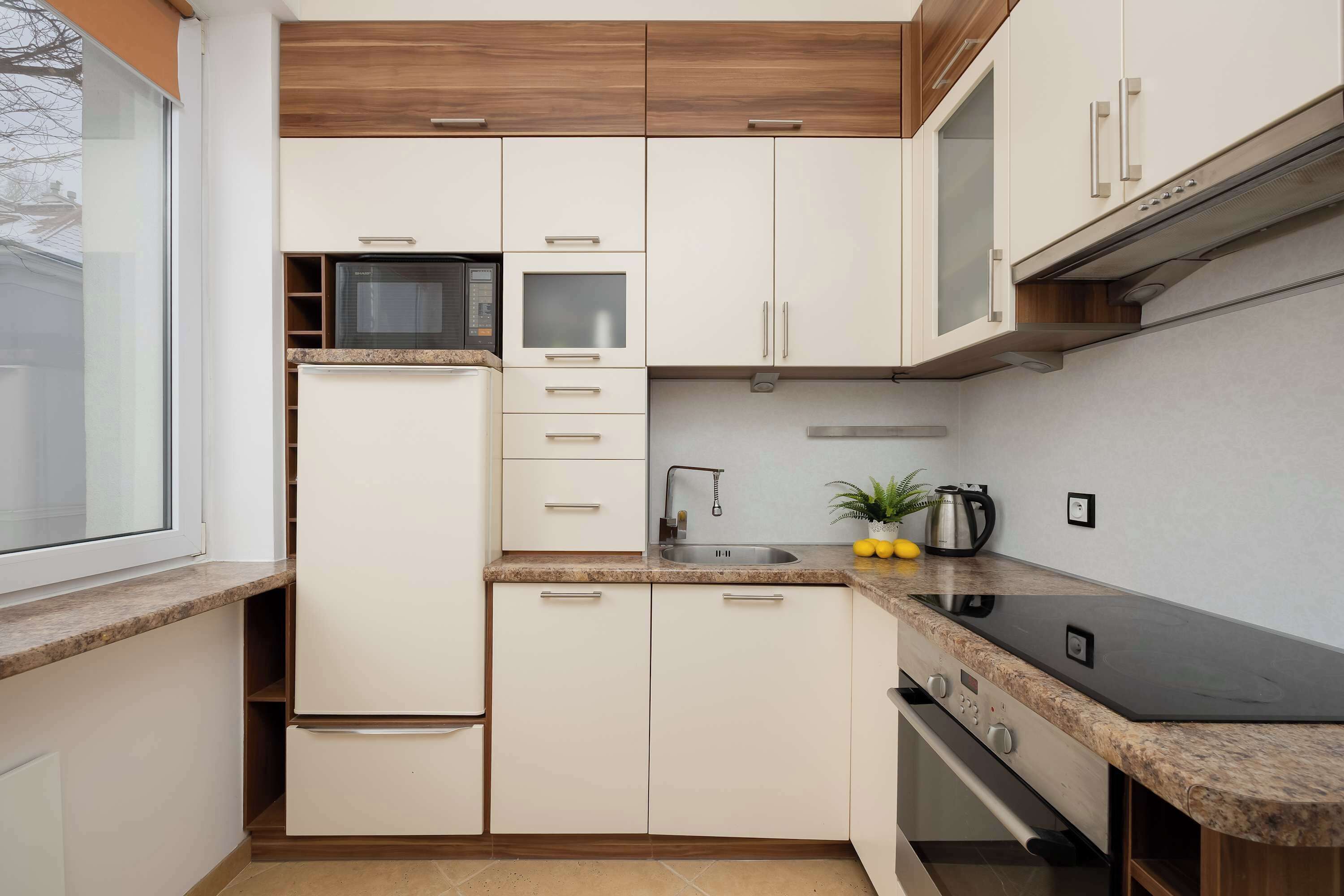 Frigorífico, microondas, horno y placa de cocina