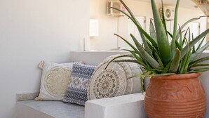 Ein heller Sitzbereich im Freien mit gemusterten Kissen und einem Topf mit Aloe Vera.