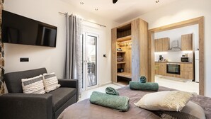 Ein modernes Schlafzimmer mit Sofa, Bett, Fernseher, einer Schiebetür zum Badezimmer und einer Küchenzeile.