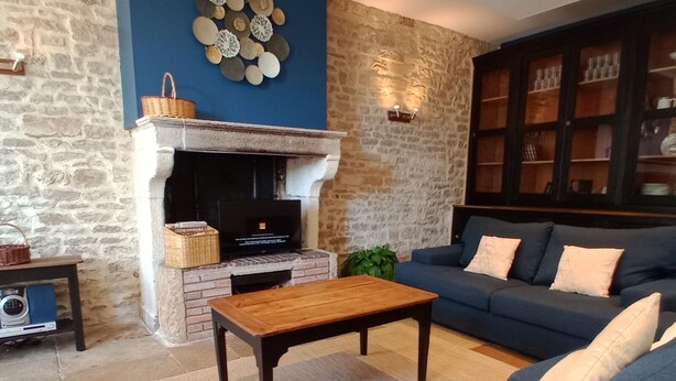 Un salon avec un mur en pierre, une cheminée, un canapé bleu et un téléviseur.