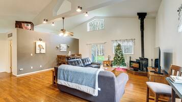 Televisio, takka, DVD-soitin, kirjoja