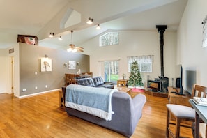 Televisio, takka, DVD-soitin, kirjoja