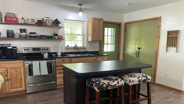 A kitchen with wooden cabinets, stainless steel appliances, a bar stool island, and a green door. - Cozy 1-bedroom ranch house in Georgetown on 10 acres with horse paddock. (Georgetown)