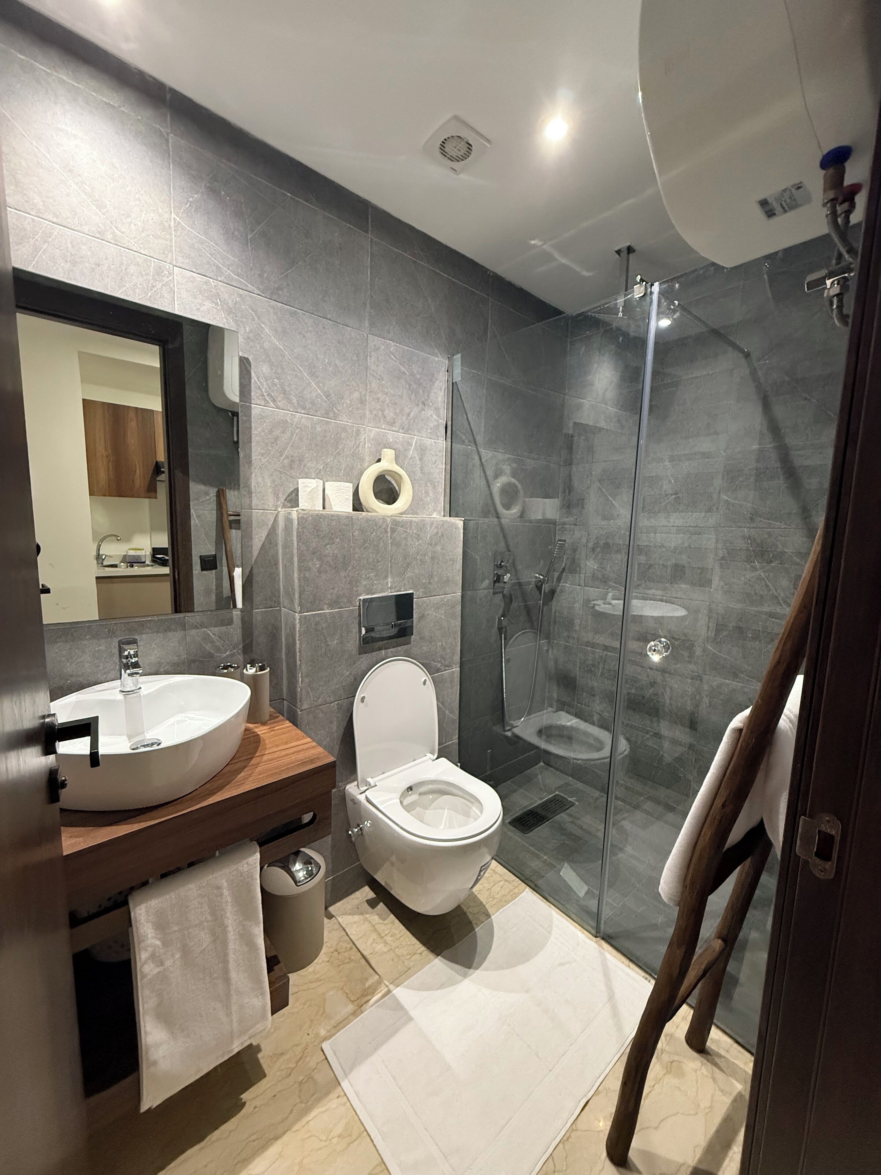 Shower, bidet, towels, soap