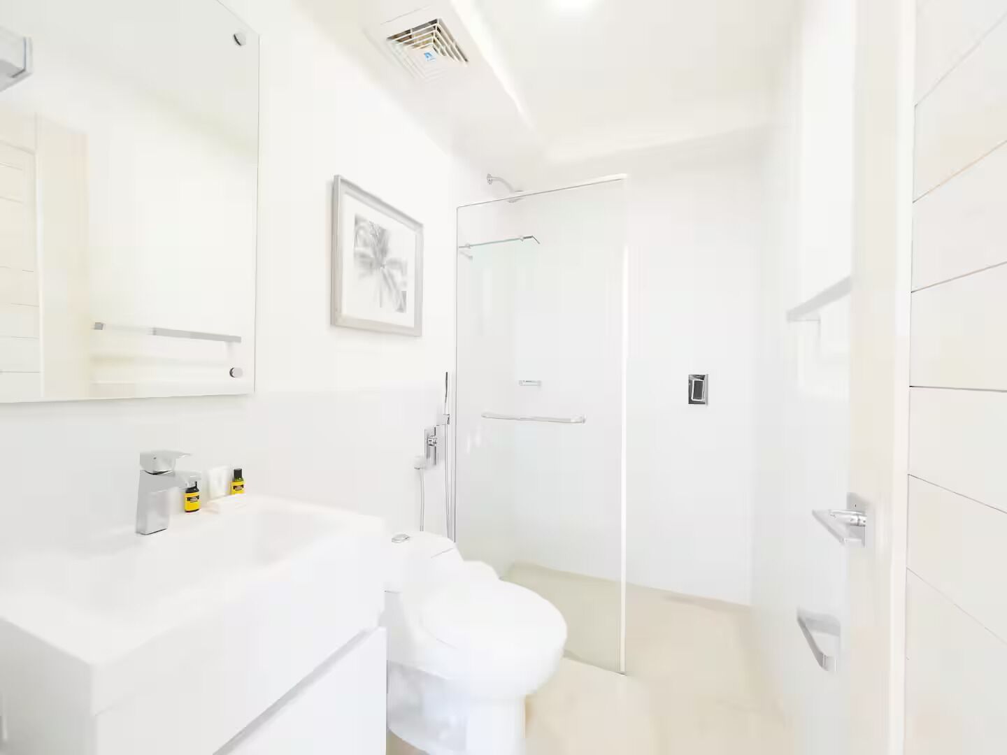 Shower, hair dryer, towels, soap