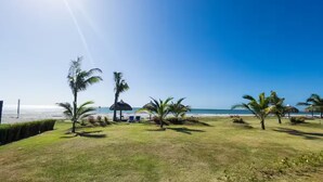 A grassy area with palm trees and a view of the ocean. - Ocean Splendor Villa -C15-PBB-2 bed, 2 bath (Punta Chame)