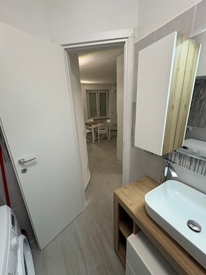 A bathroom with a sink, mirror, and shower. - Apartment 'Flora F2' with Sea View and Air Conditioning (Castelsardo)