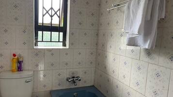 Hair dryer, towels, soap, toilet paper