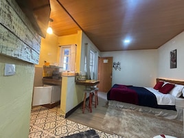 Una habitación compacta con cama, kitchenette pequeña y baño.