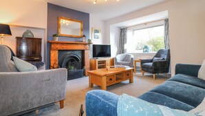 A living room with a fireplace, a television, and a large window with curtains. - Scamnel (Stone)