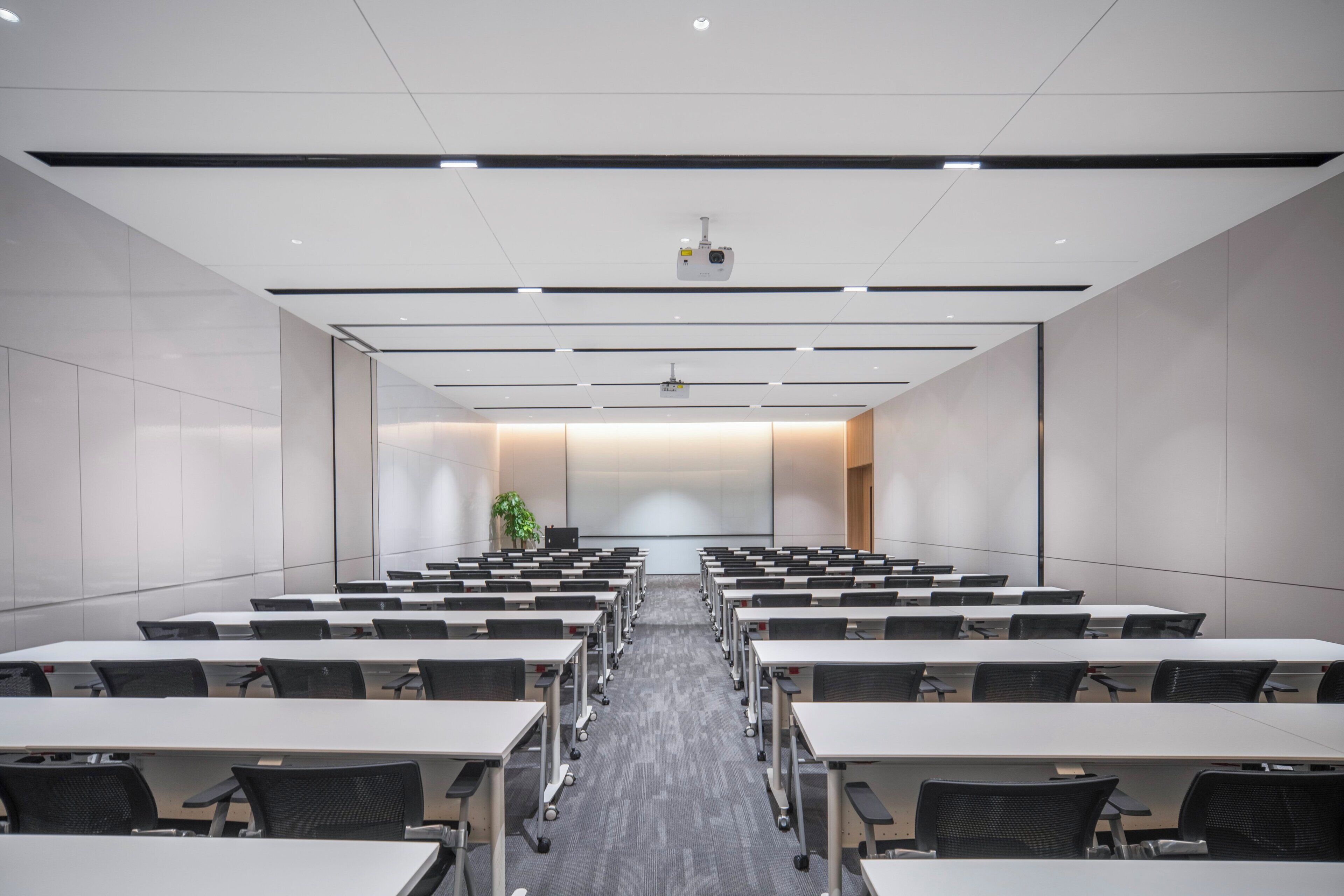 Un salón de conferencias con filas de mesas y sillas, un proyector y una planta.