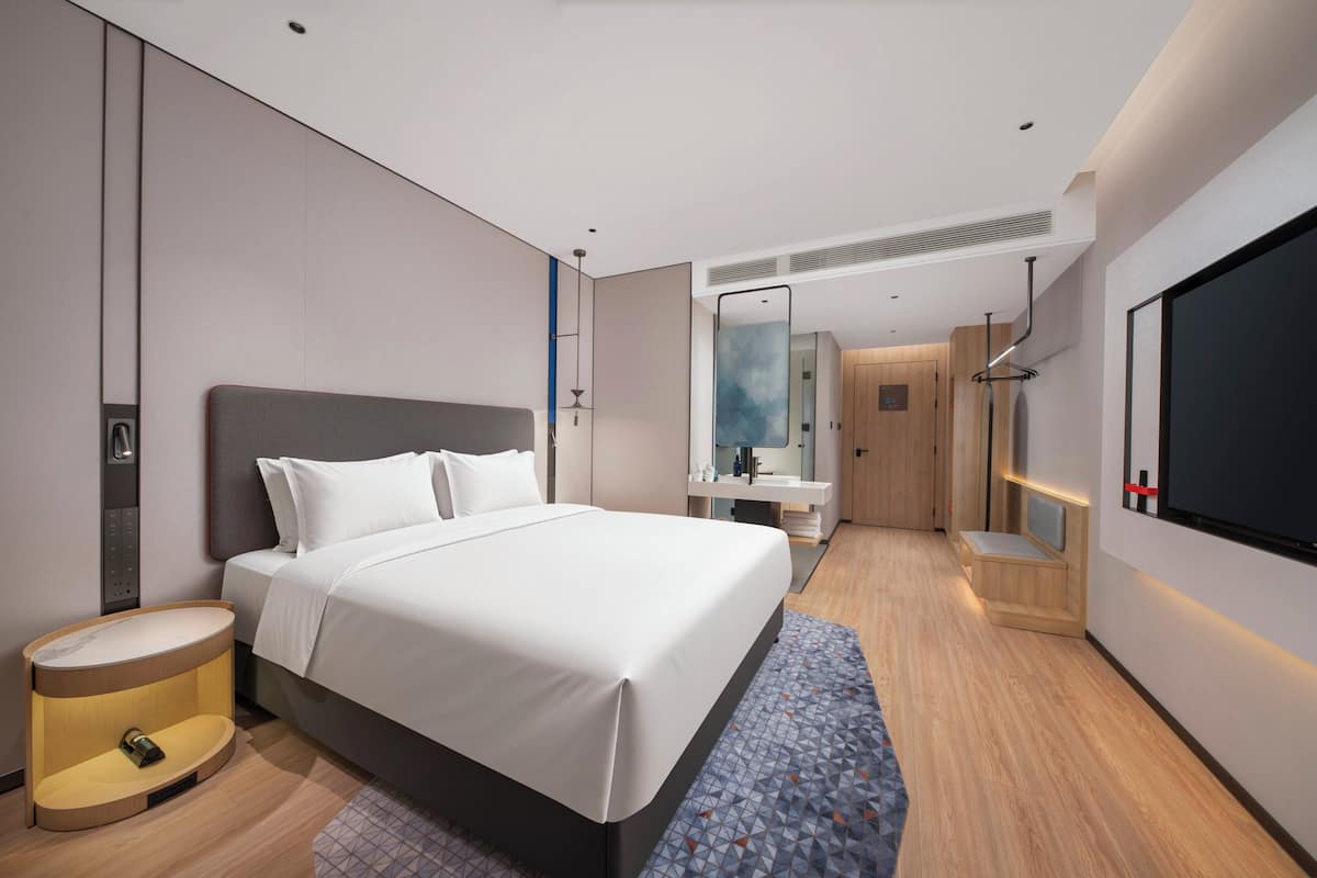 Une chambre d’hôtel moderne équipée d’un grand lit, d’une table de chevet, d’un miroir, d’une télévision et d’une salle de bain avec douche et lavabo.