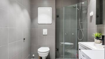 Hair dryer, towels, soap, toilet paper