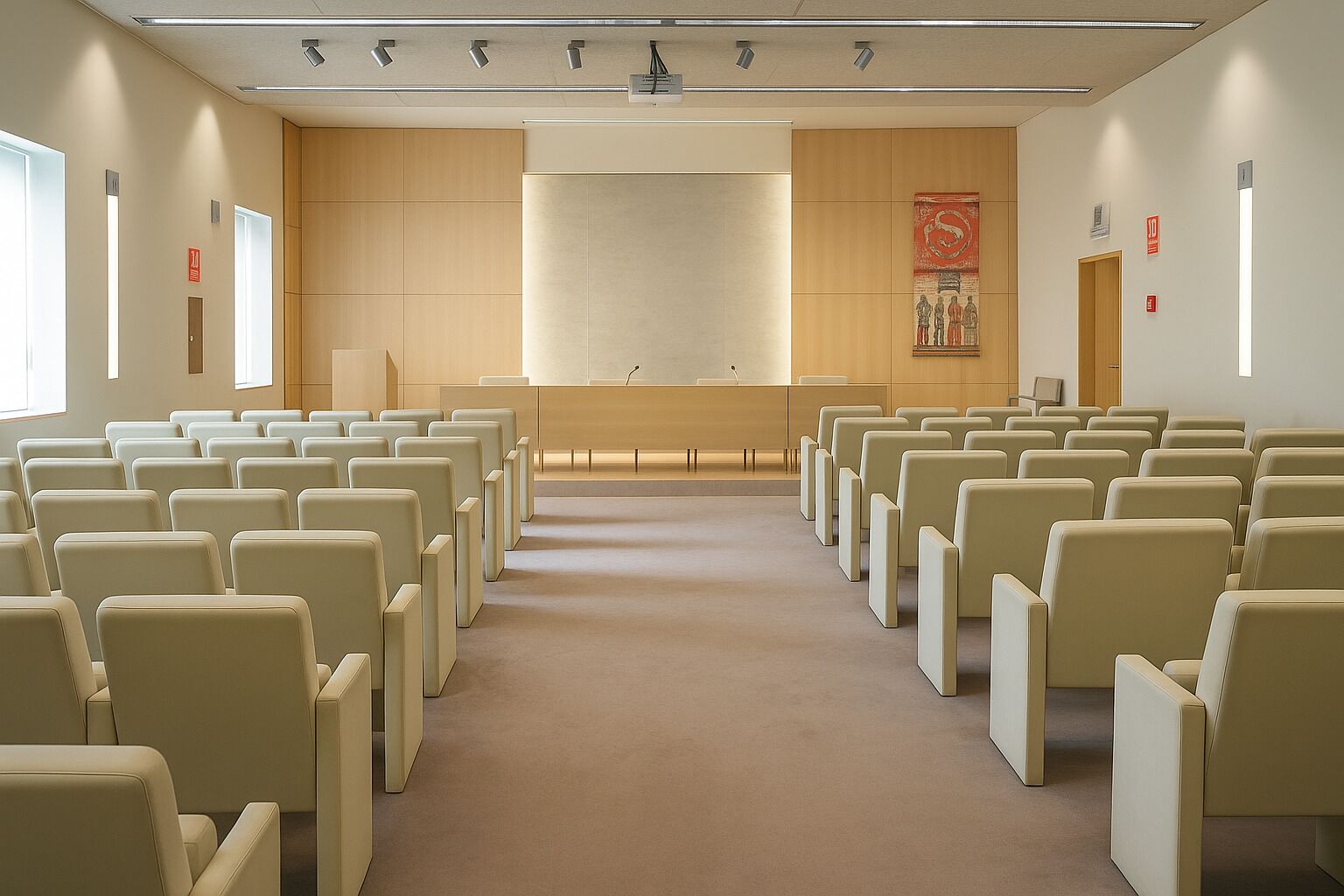 Una sala de conferències amb files de cadires beix, un escenari al capdamunt i una finestra gran a l'esquerra.