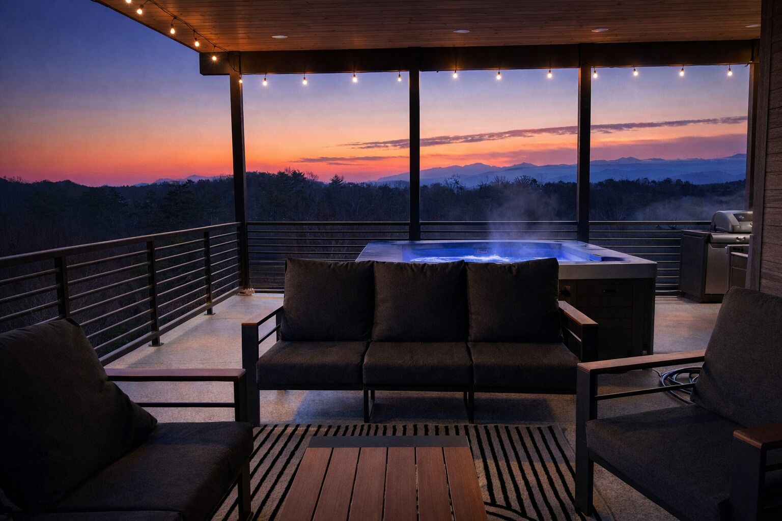 A balcony with a hot tub, a sofa, and chairs, overlooking a mountainous landscape at sunset.