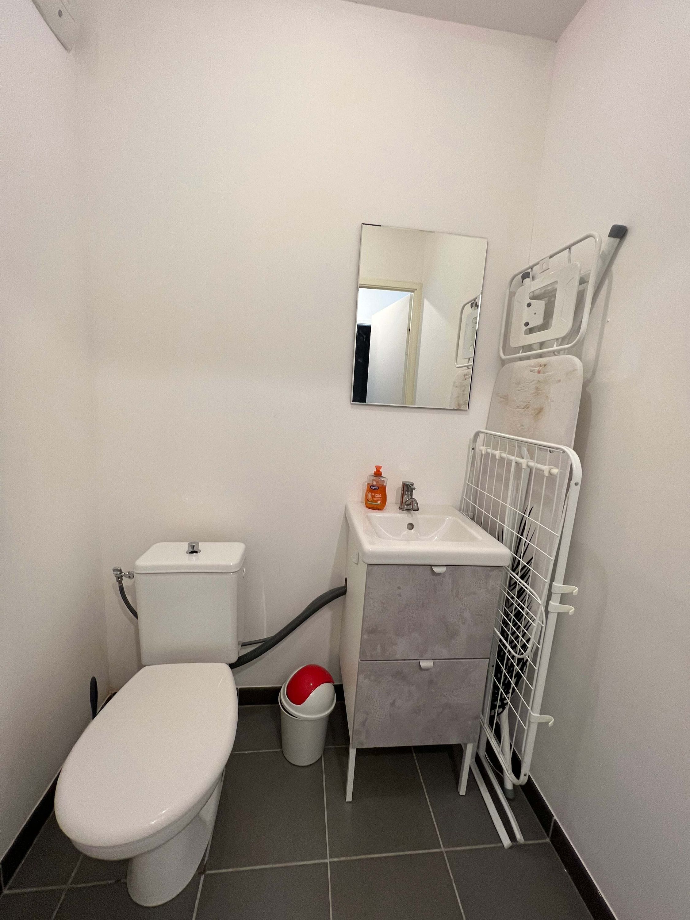 A small bathroom with a toilet, sink, and mirror.