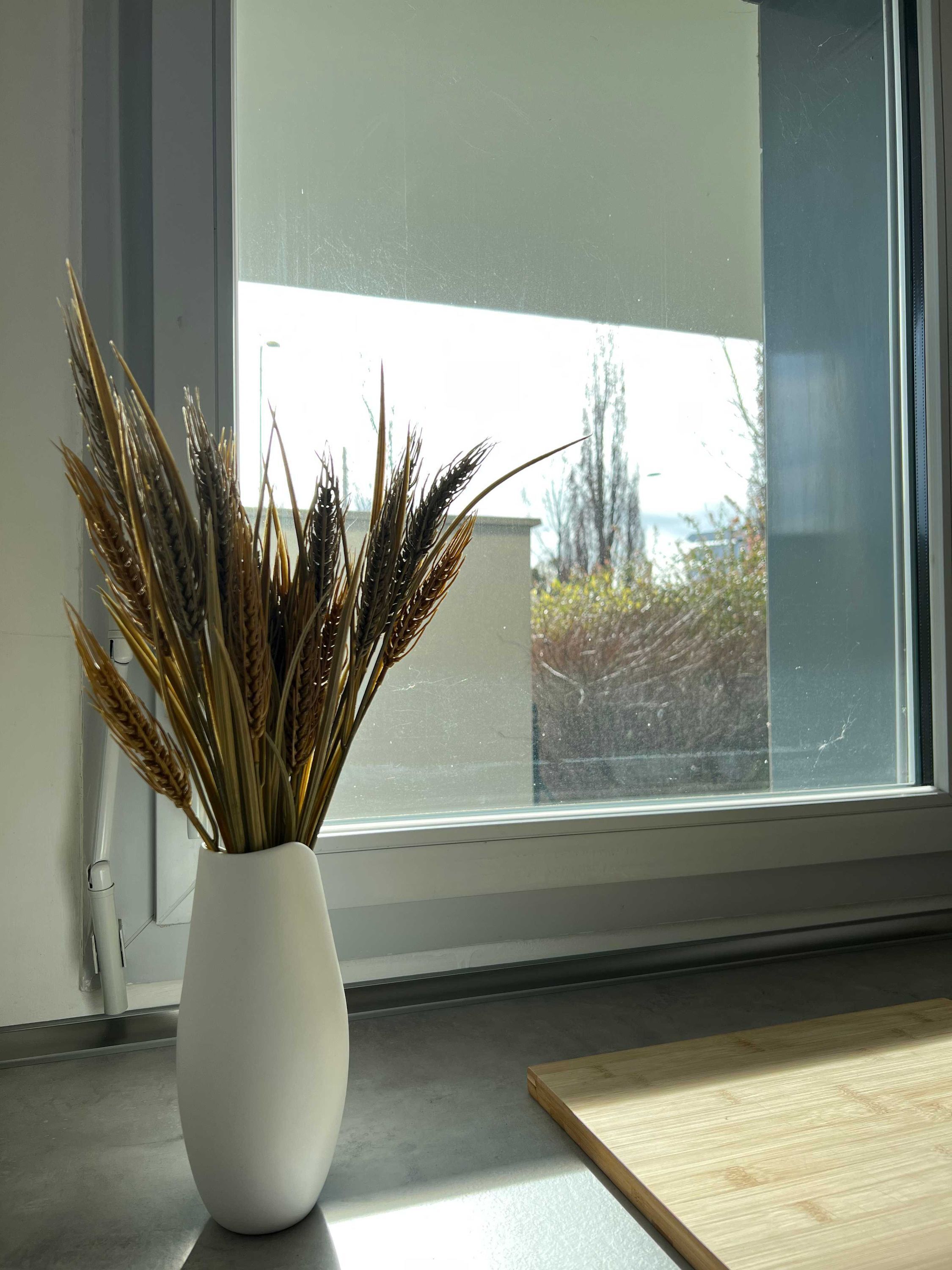 Eine weiße Vase mit Getreidehalmen auf einem Fensterbrett.
