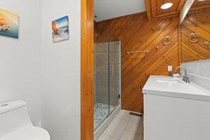 Douche, serviettes fournies, savon, papier toilette