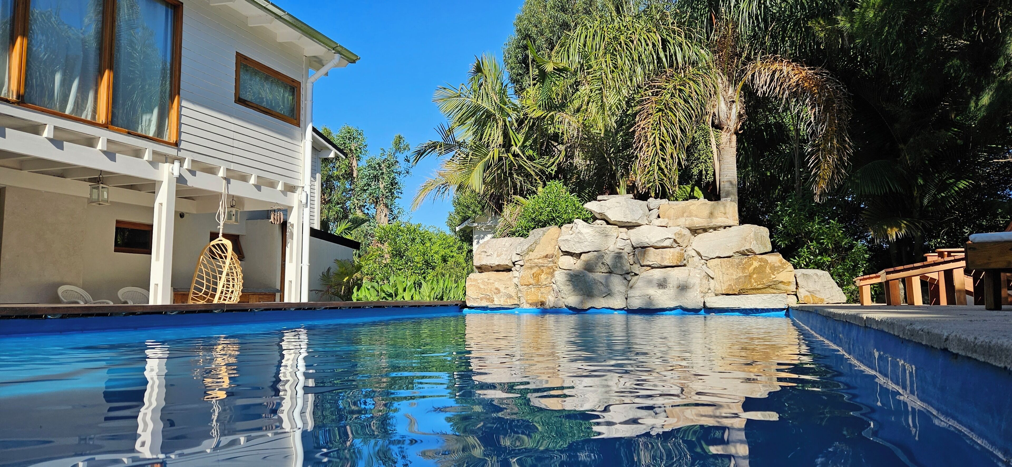 Outdoor pool, pool umbrellas, pool loungers