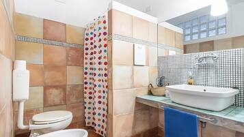 Chuveiro, secador de cabelo, toalhas de banho