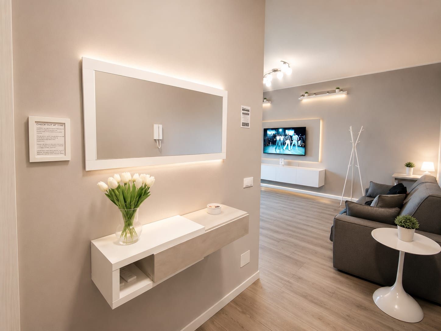 A modern living room with a large mirror, a flat-screen TV, a sofa, and a small round table.