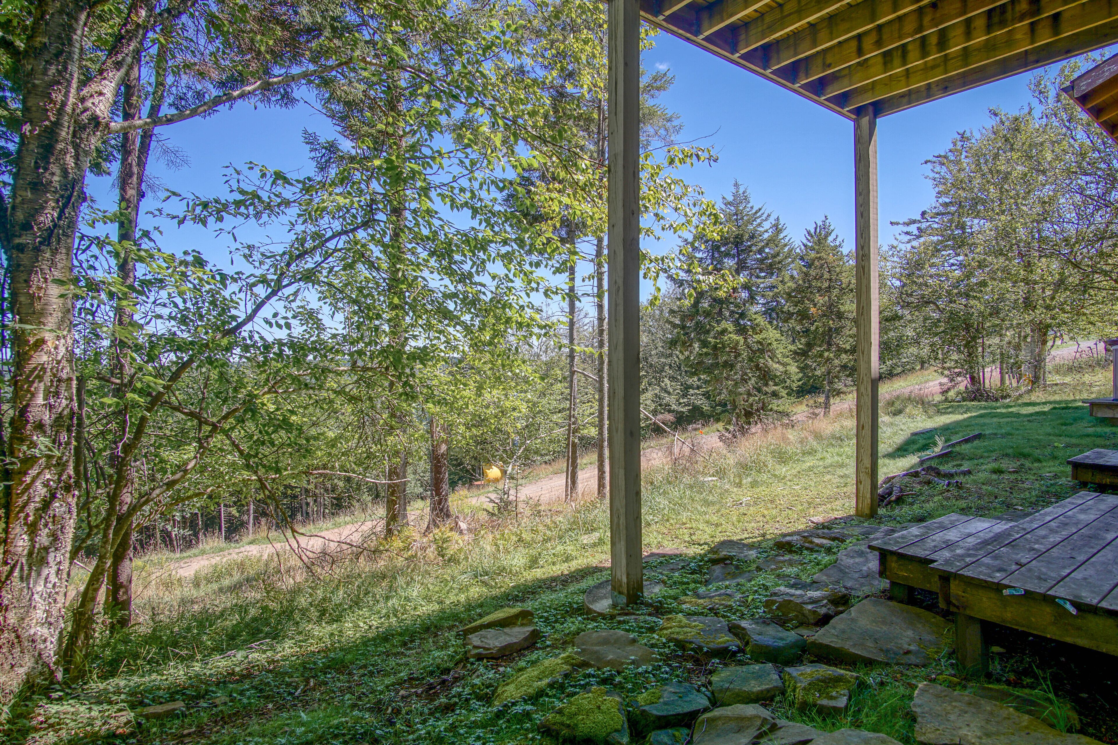Un espacio al aire libre techado con un banco de madera y un sendero de piedra.