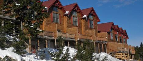 Una cabaña de madera de varios pisos con techos rojos y balcones, rodeada de árboles cubiertos de nieve.