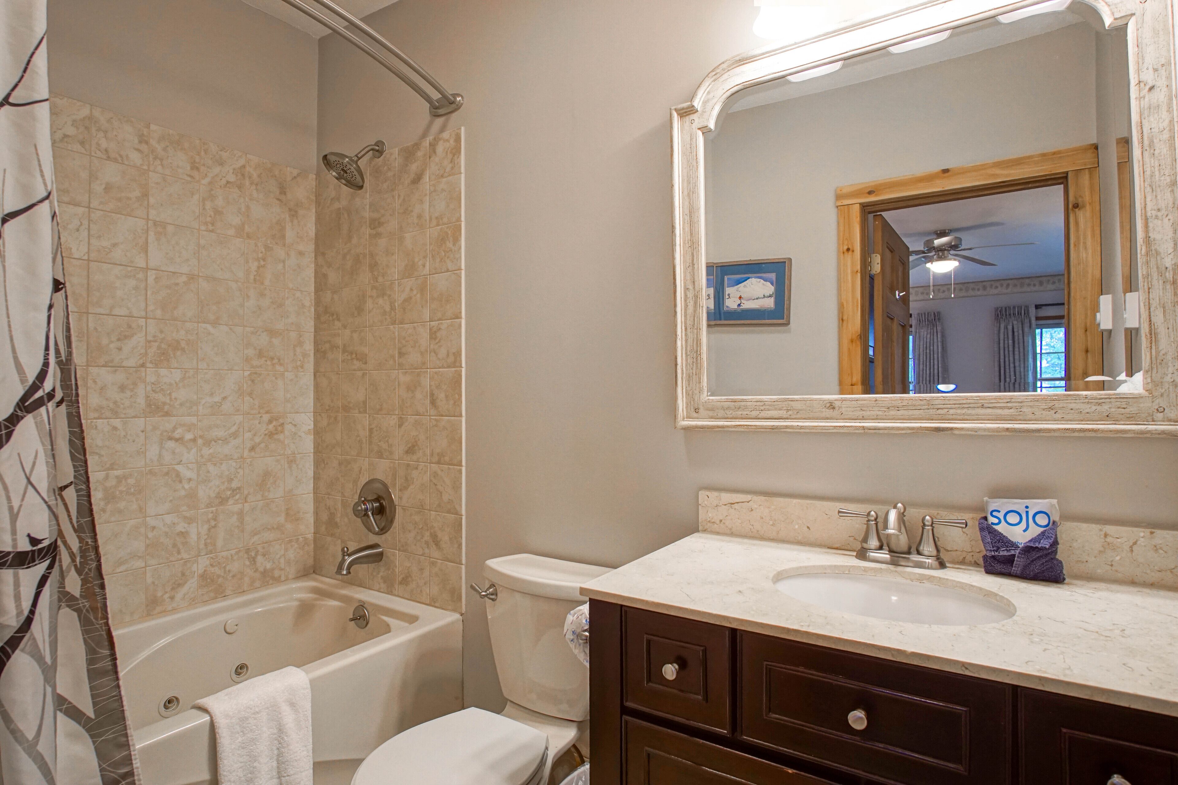 Un baño con bañera, inodoro, lavabo y espejo.