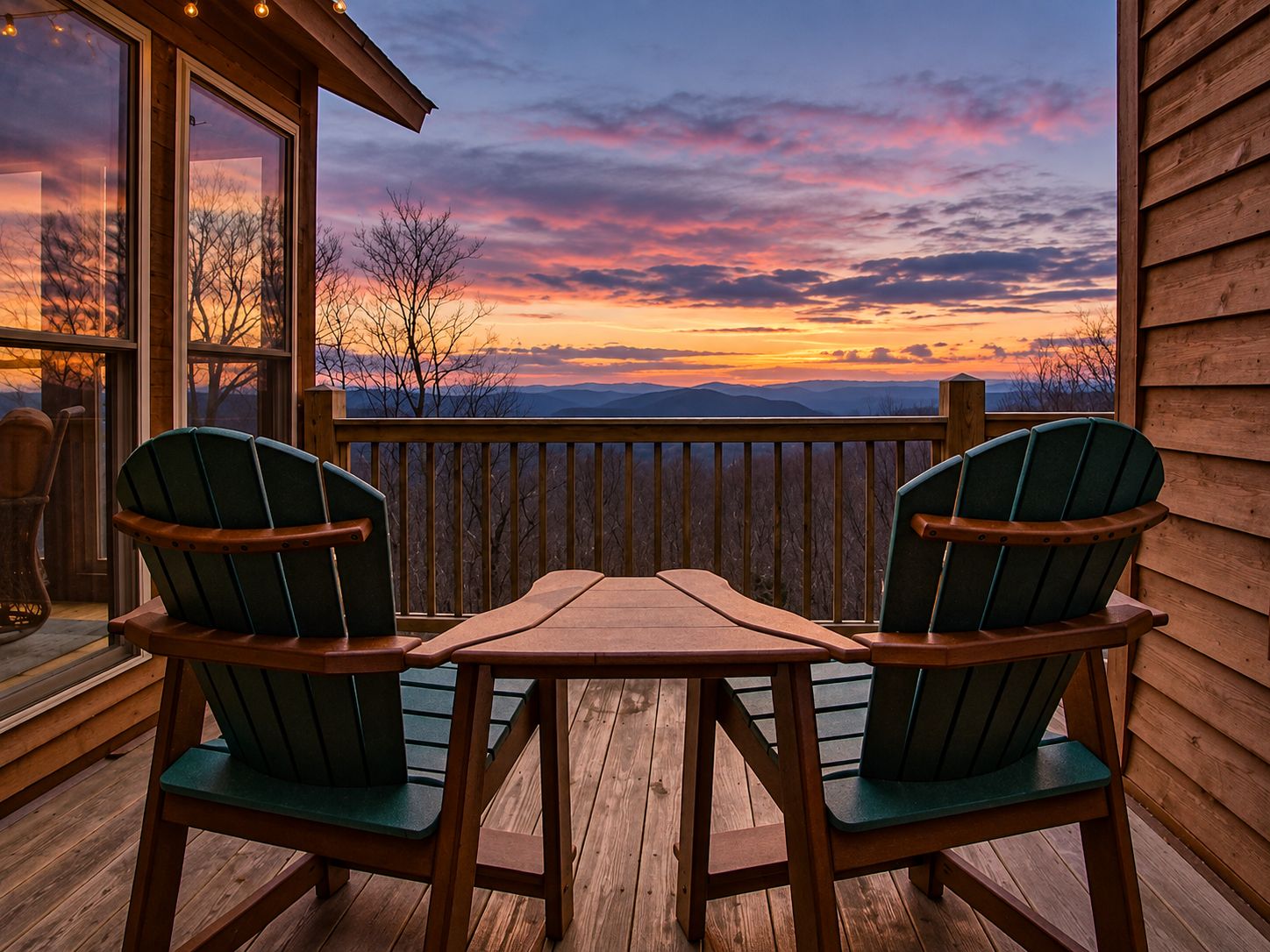 Eine Holzterrasse mit zwei grünen Adirondack-Stühlen und einem Holztisch, mit Blick auf einen malerischen Sonnenuntergang.
